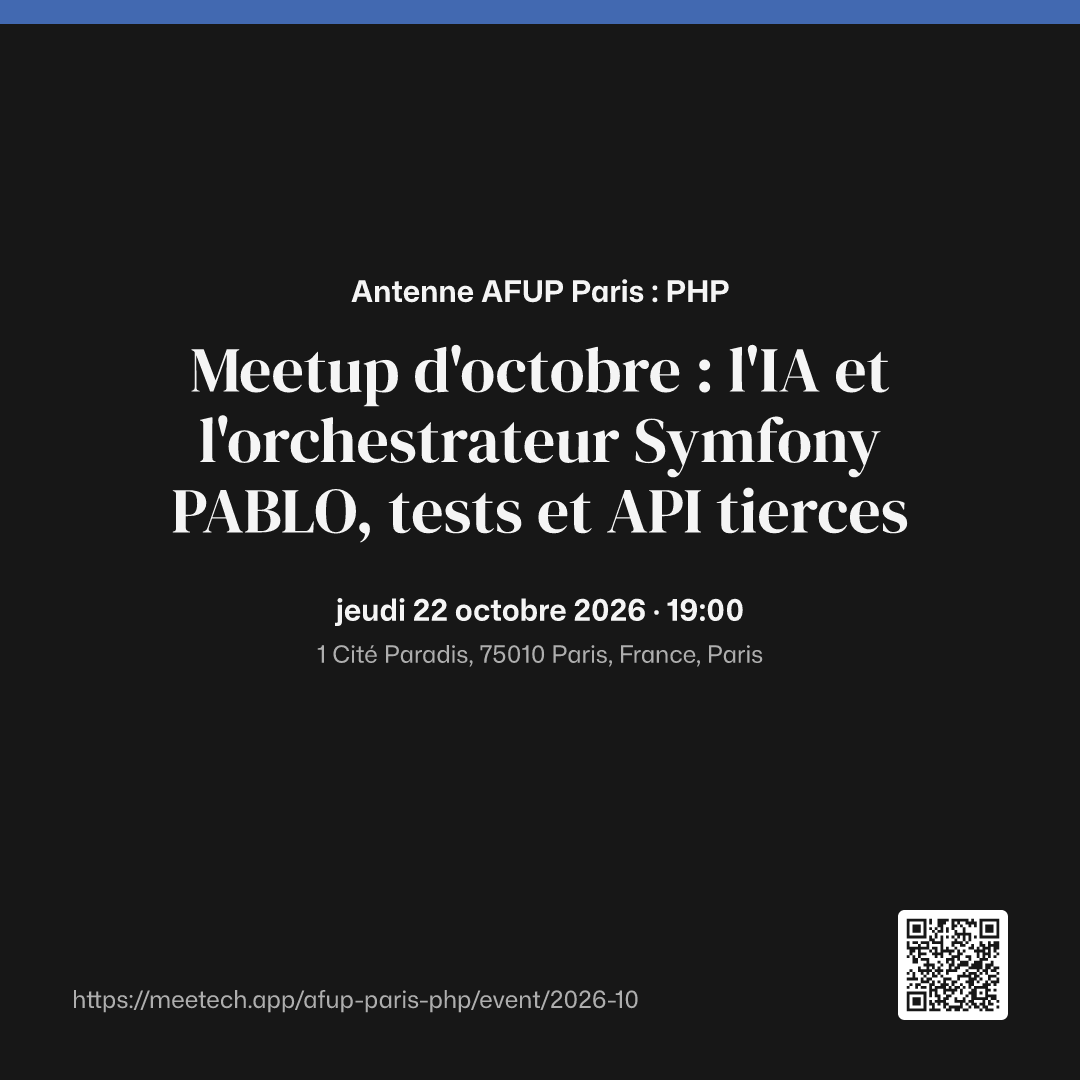 Affiche carrée de Meetup d'octobre : l'IA et l'orchestrateur Symfony PABLO, tests et API tierces